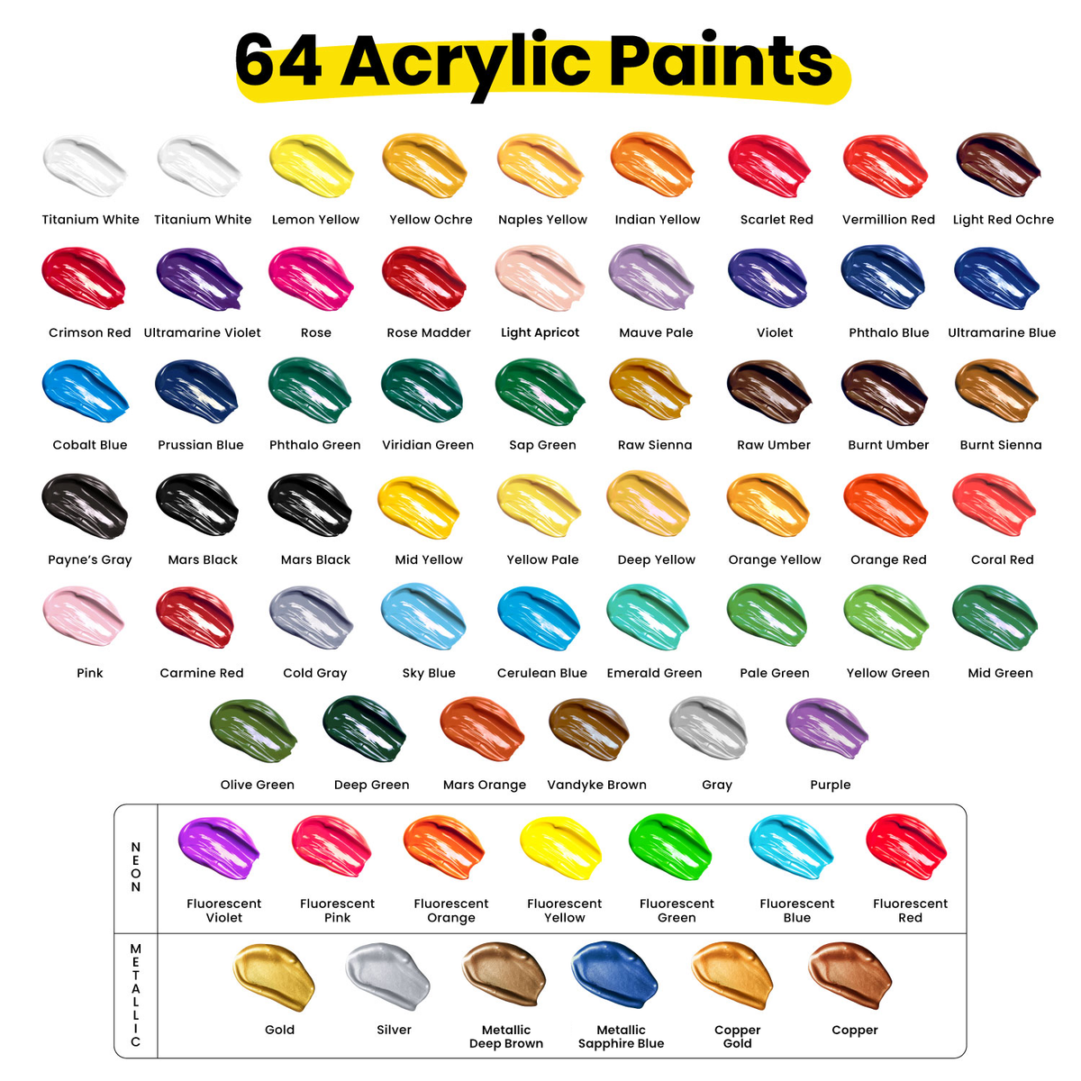 Acrylic Paint Set, 22ml Tubes - Set of 64