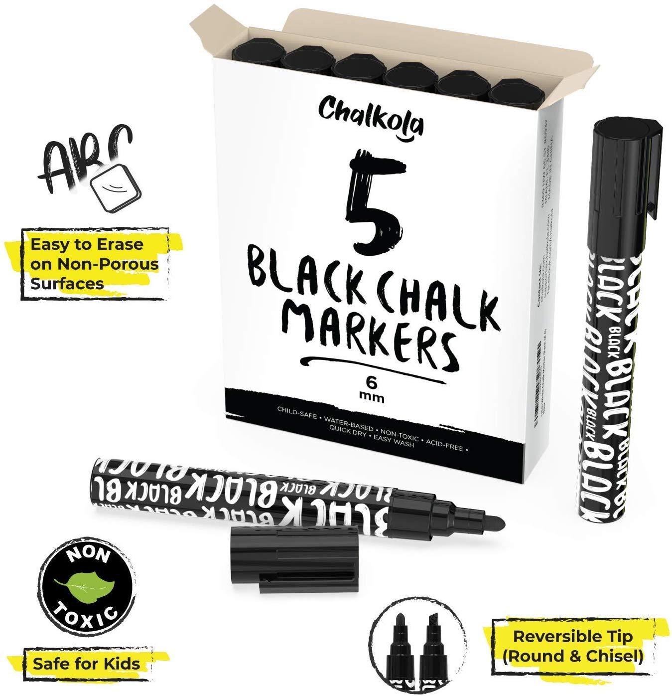 Black Chalk Markers - 6mm Reversible Tip (Pack of 5 Pens) - Chalkola Art  Supply