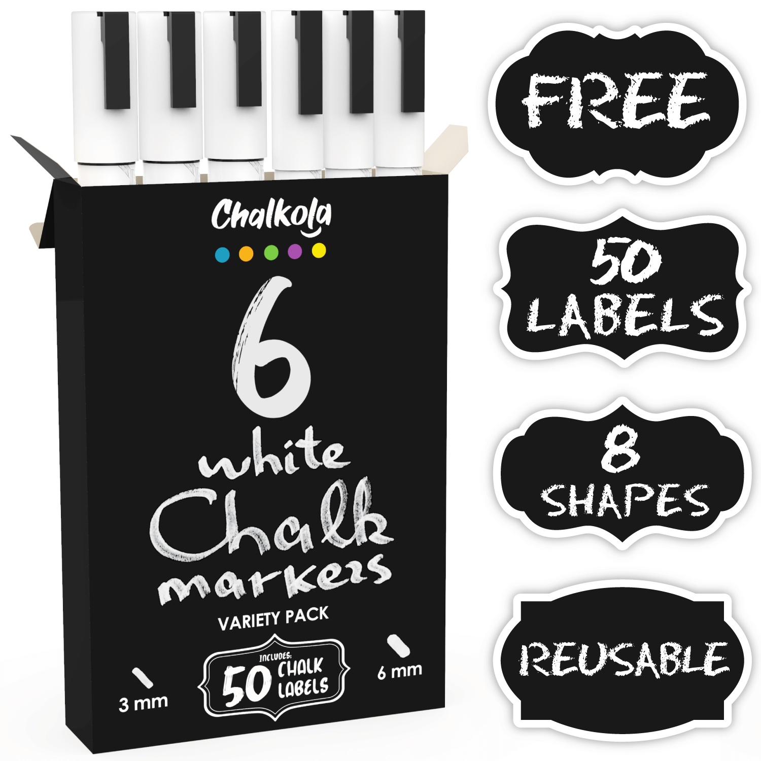 White Chalk Pens - Variety Pack of 6 | Fine and Bold Tip