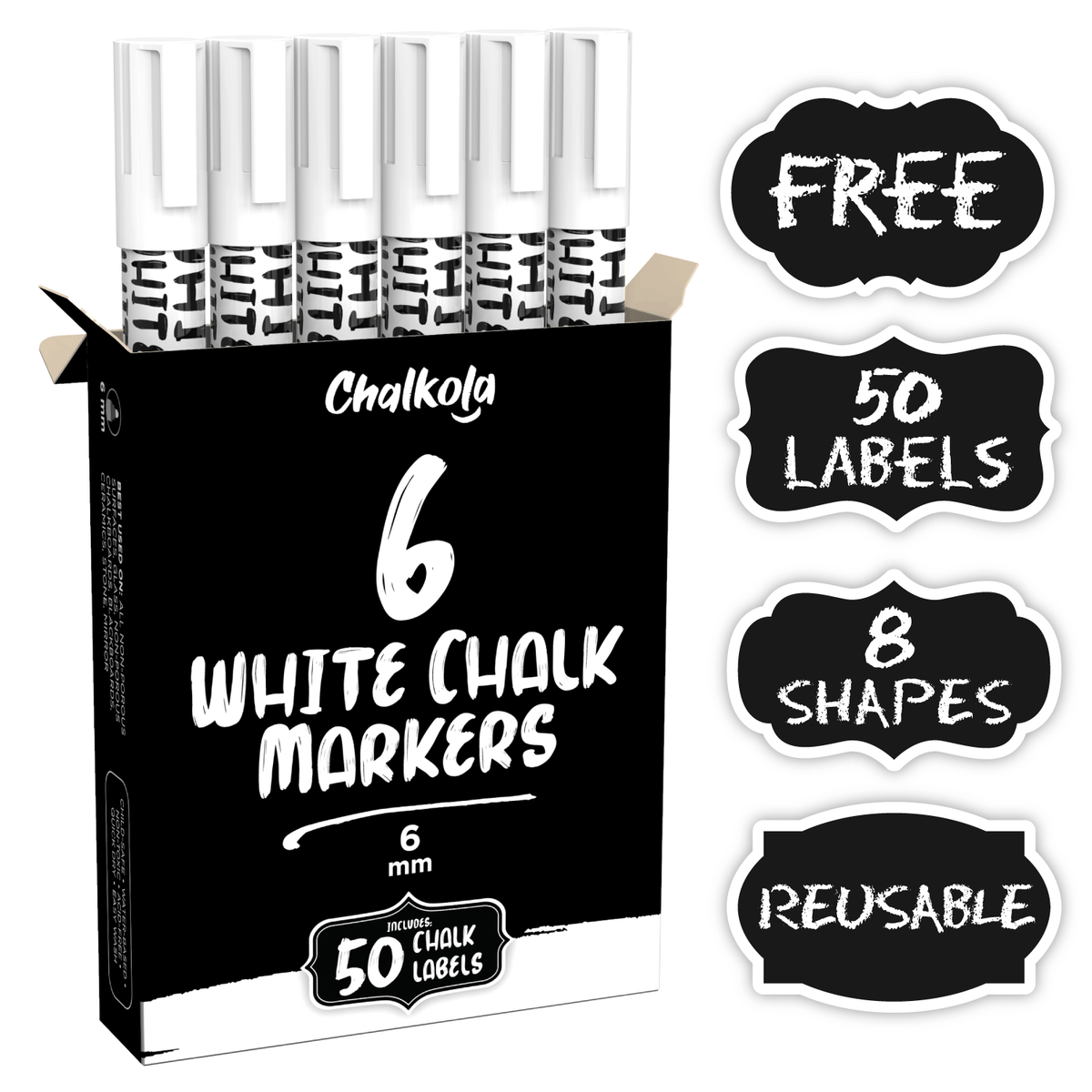 White Liquid Chalk Marker Pen (6 Pack) - Chalkola Art Supply