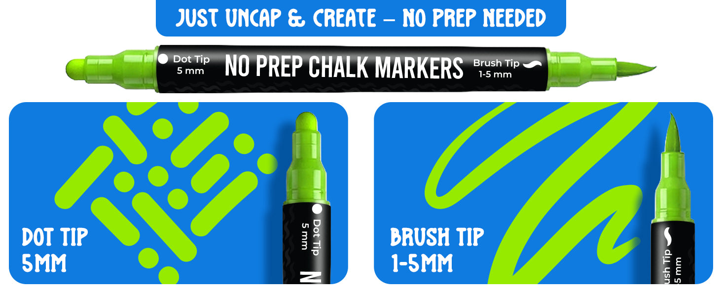 Just uncap and create — no prep needed. 5mm dot tip on one end, 1-5mm brush tip on the other