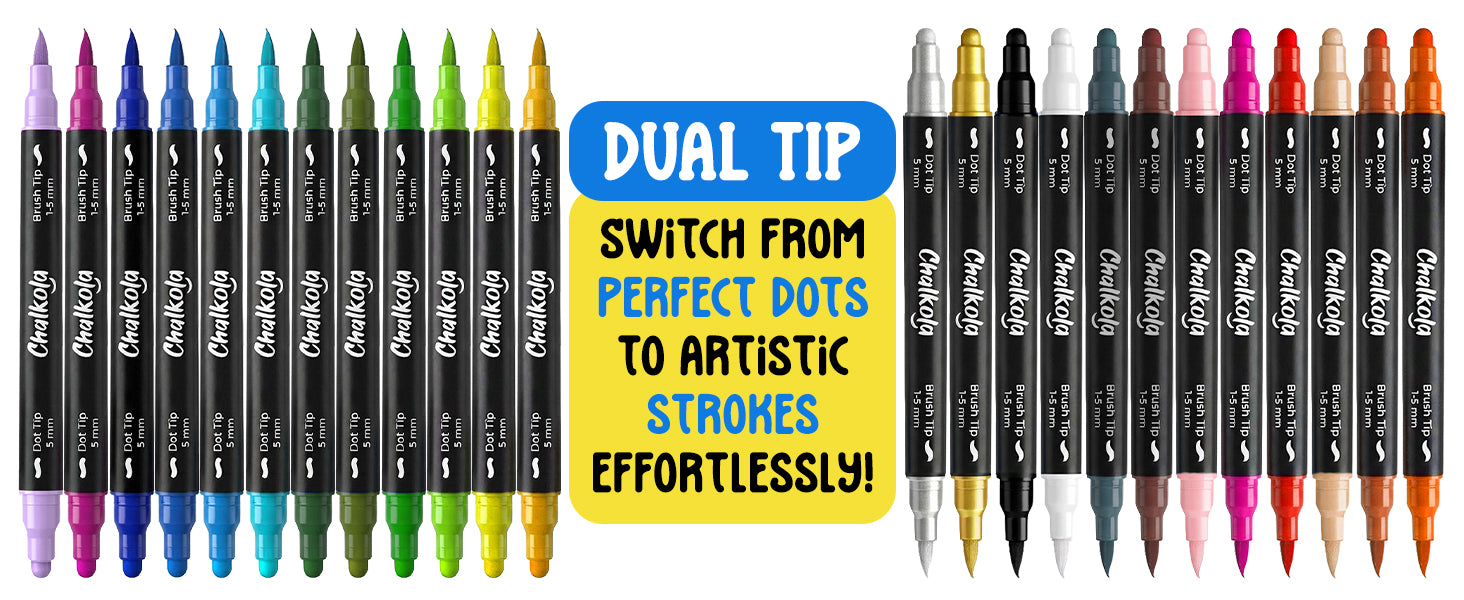 Dual tip — switch from perfect dots to artistic strokes effortlessly. All 24 colors including metallic gold and silver