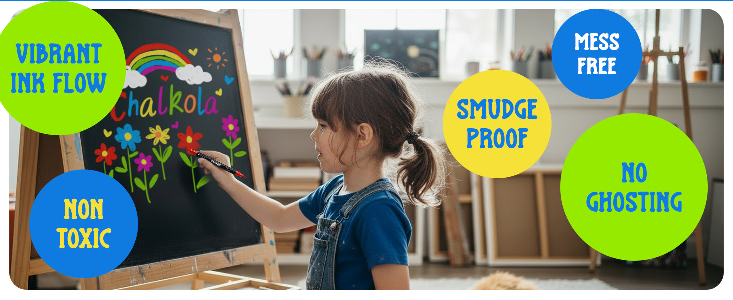 Vibrant ink flow, mess free, smudge proof, no ghosting, non-toxic — kid drawing rainbow on chalkboard
