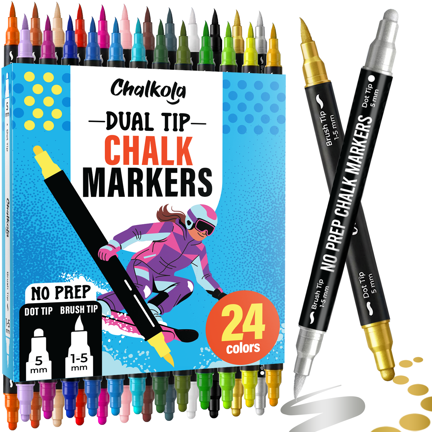 Chalkola Dual Tip Chalk Markers — 24 colors, dot tip + brush tip, no pumping