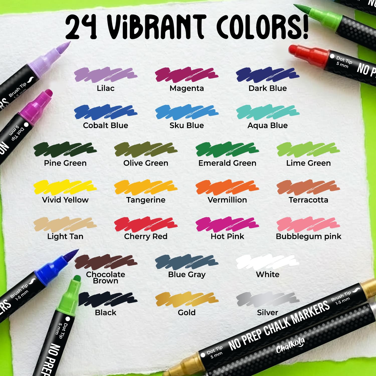 24 vibrant colors — Lilac, Magenta, Dark Blue, Cobalt Blue, Sky Blue, Aqua Blue, Pine Green, Olive Green, Emerald Green, Lime Green, Vivid Yellow, Tangerine, Vermillion, Terracotta, Light Tan, Cherry Red, Hot Pink, Bubblegum Pink, Chocolate Brown, Blue Gray, White, Black, Gold, Silver